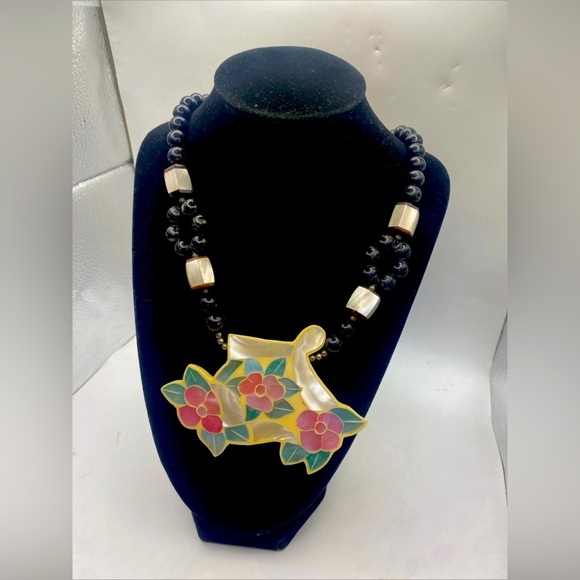 Lee Sands Inlaid MOP ivory Mother pearl Pink flower Black beads 24” - Picture 2 of 5